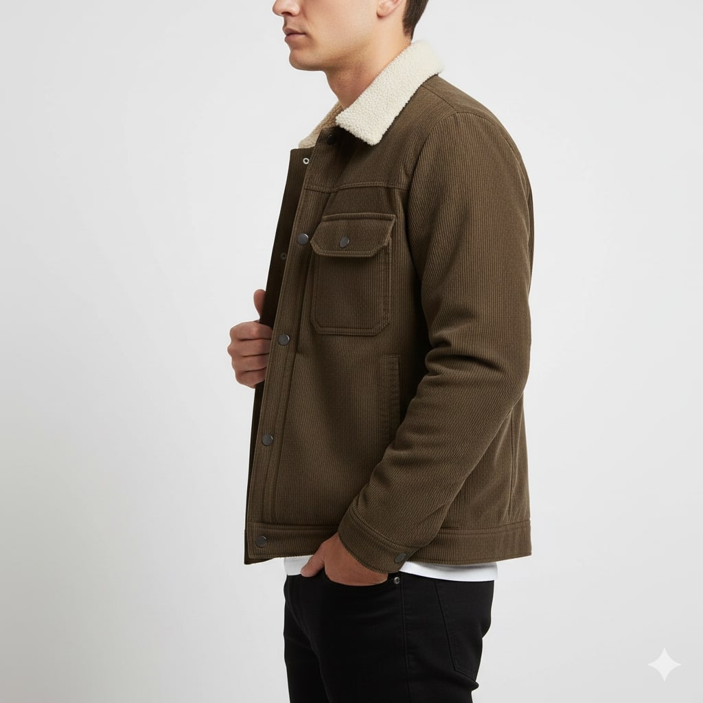 Men's corduroy jacket with sherpa collar, long sleeves and buttoned chest pockets