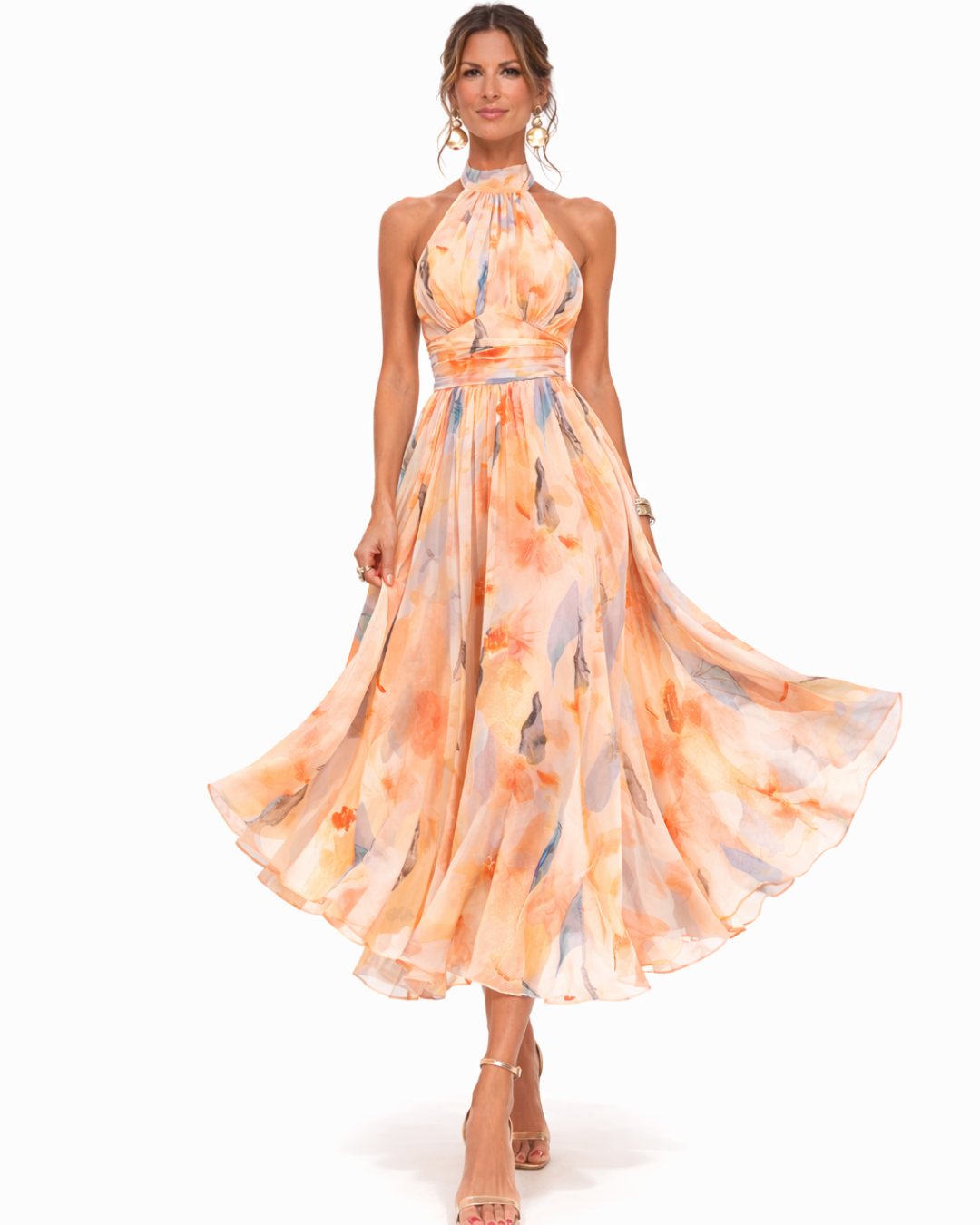 Women's Halter Neck Maxi Dress A-Line Flowing Skirt Printed Design | Floral Orange