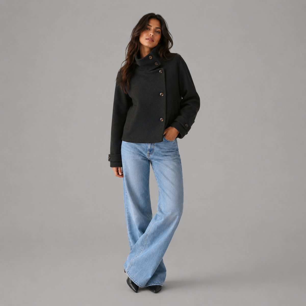 Women's stand collar button front jacket with long sleeves and front pockets
