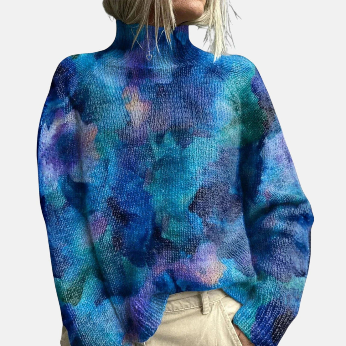 Women's long-sleeved patterned turtleneck jumper with ribbed trims