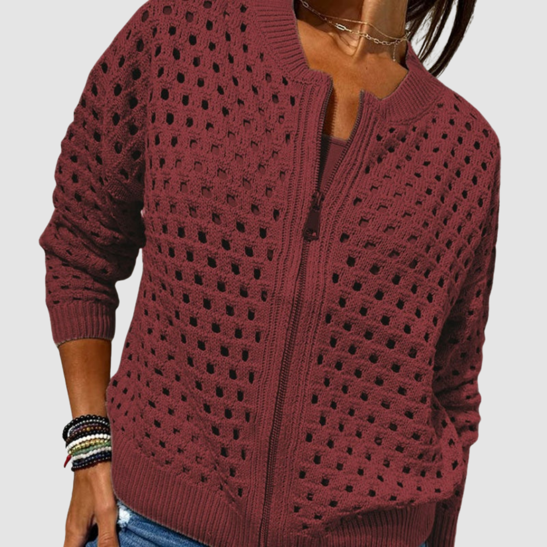 Women's openwork knitted cardigan with crew neck and front zip