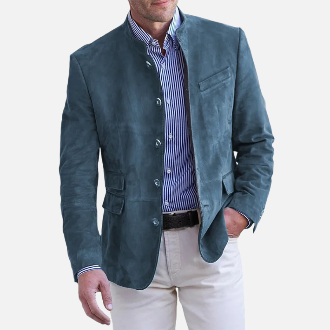 Men's stand collar button front jacket with chest and flap pockets