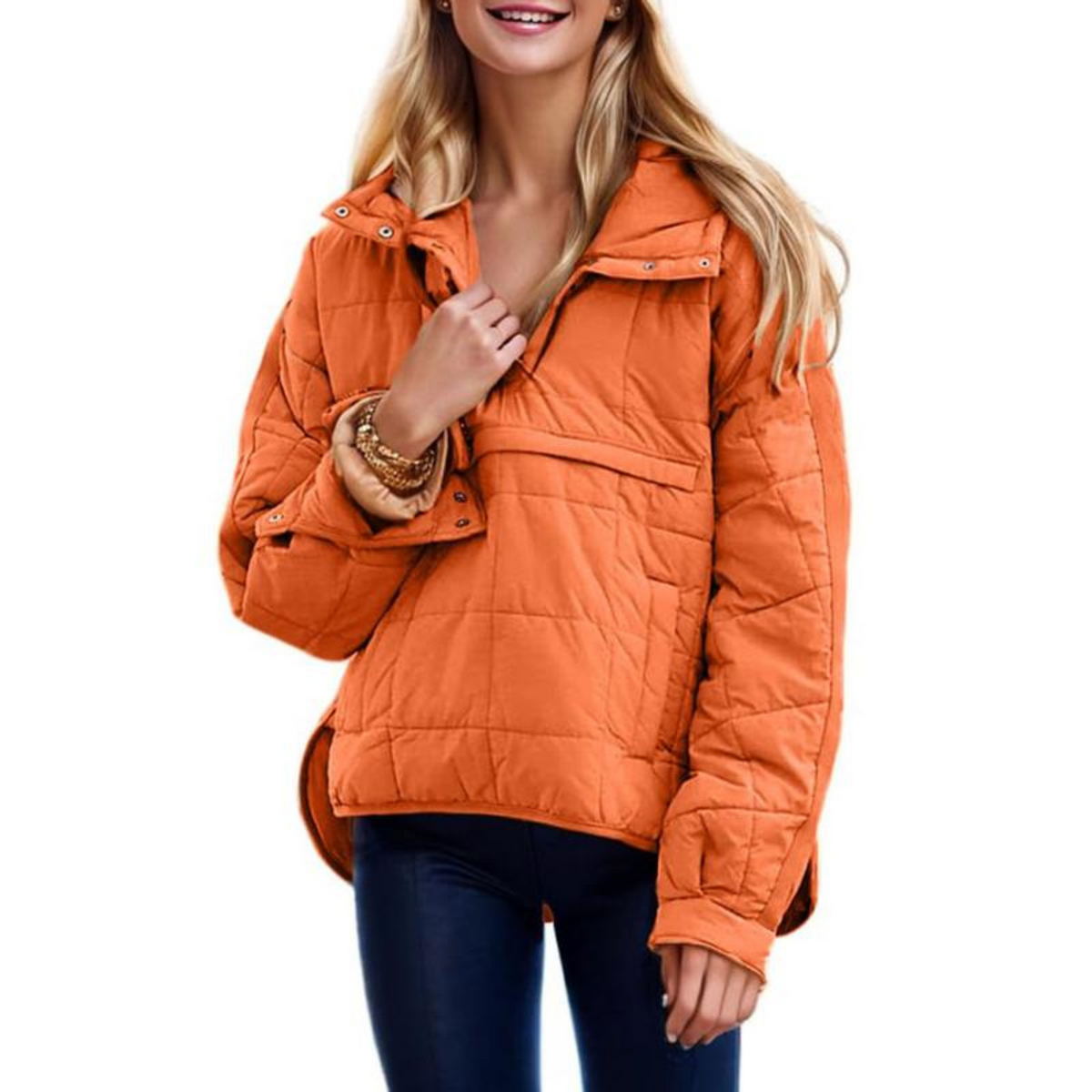Women's oversized quilted hooded pullover jacket with long sleeves and front pockets
