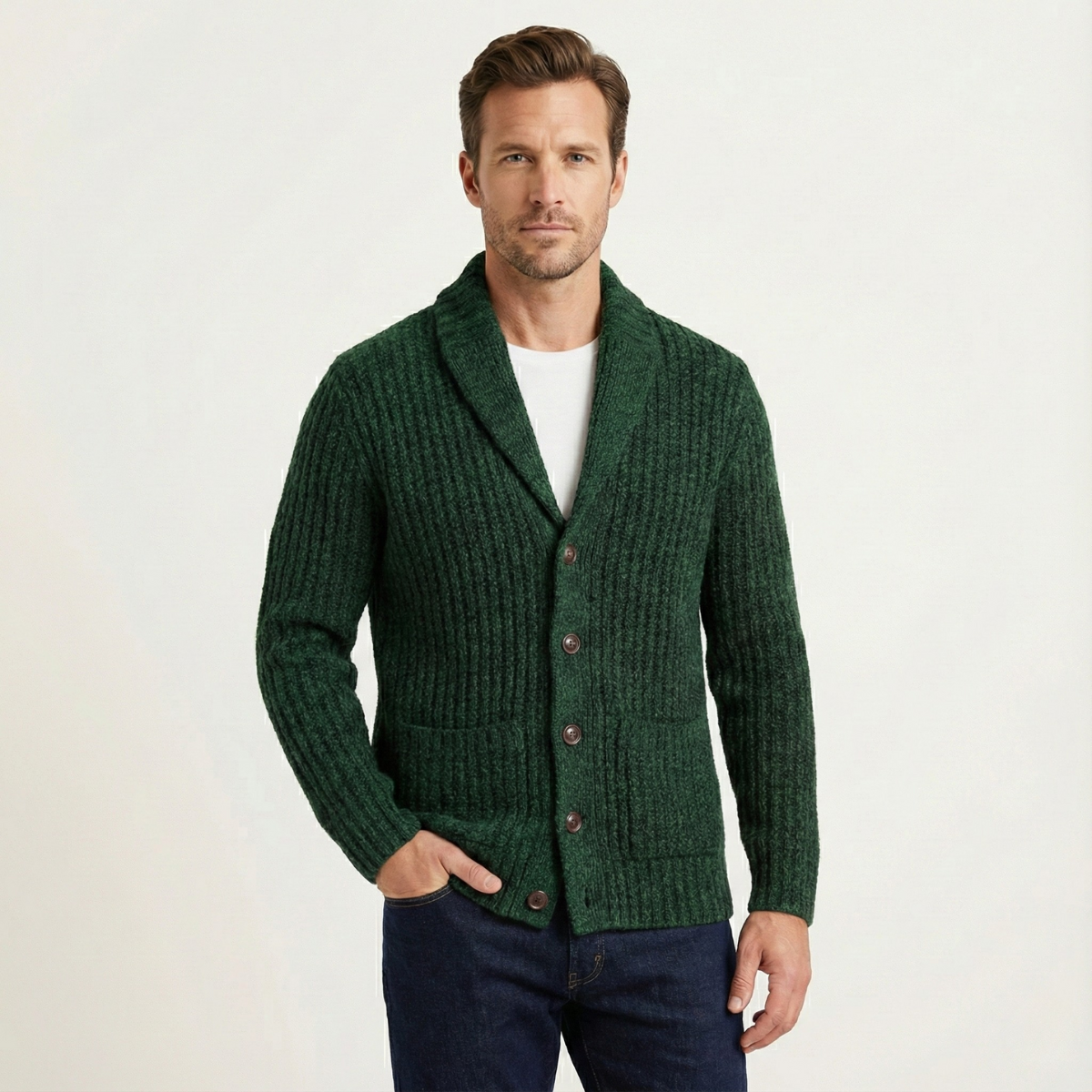 Men's chunky textured knit cardigan with shawl collar and button front
