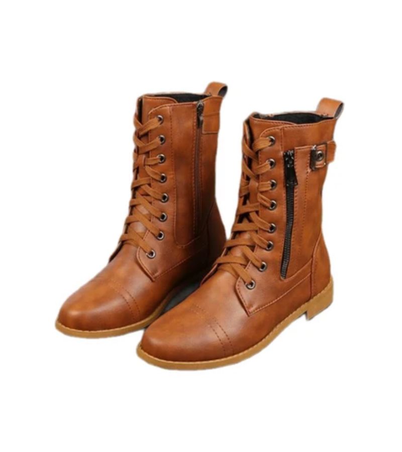 Women's mid-height combat boots with laces, side zip and buckle detail