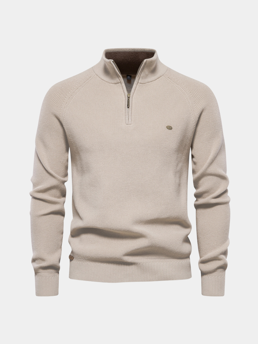 Men's ribbed half-zip jumper with mock neck and long sleeves