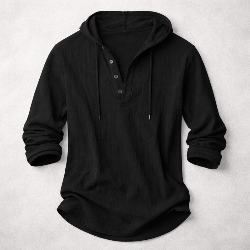 Men's long-sleeve hooded shirt with button placket and curved hem