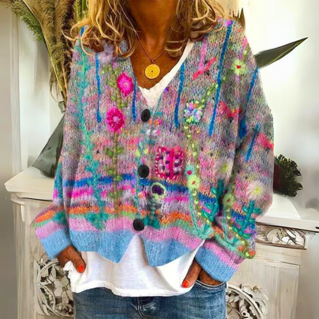 Women's colourful floral embroidered V-neck cardigan with long sleeves and buttons