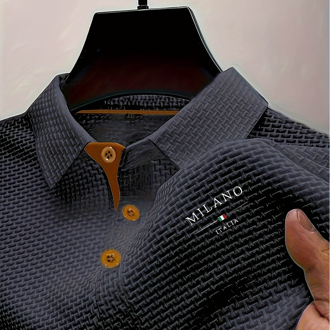 Men's Polo Shirt Textured Woven Button Collar - Grey