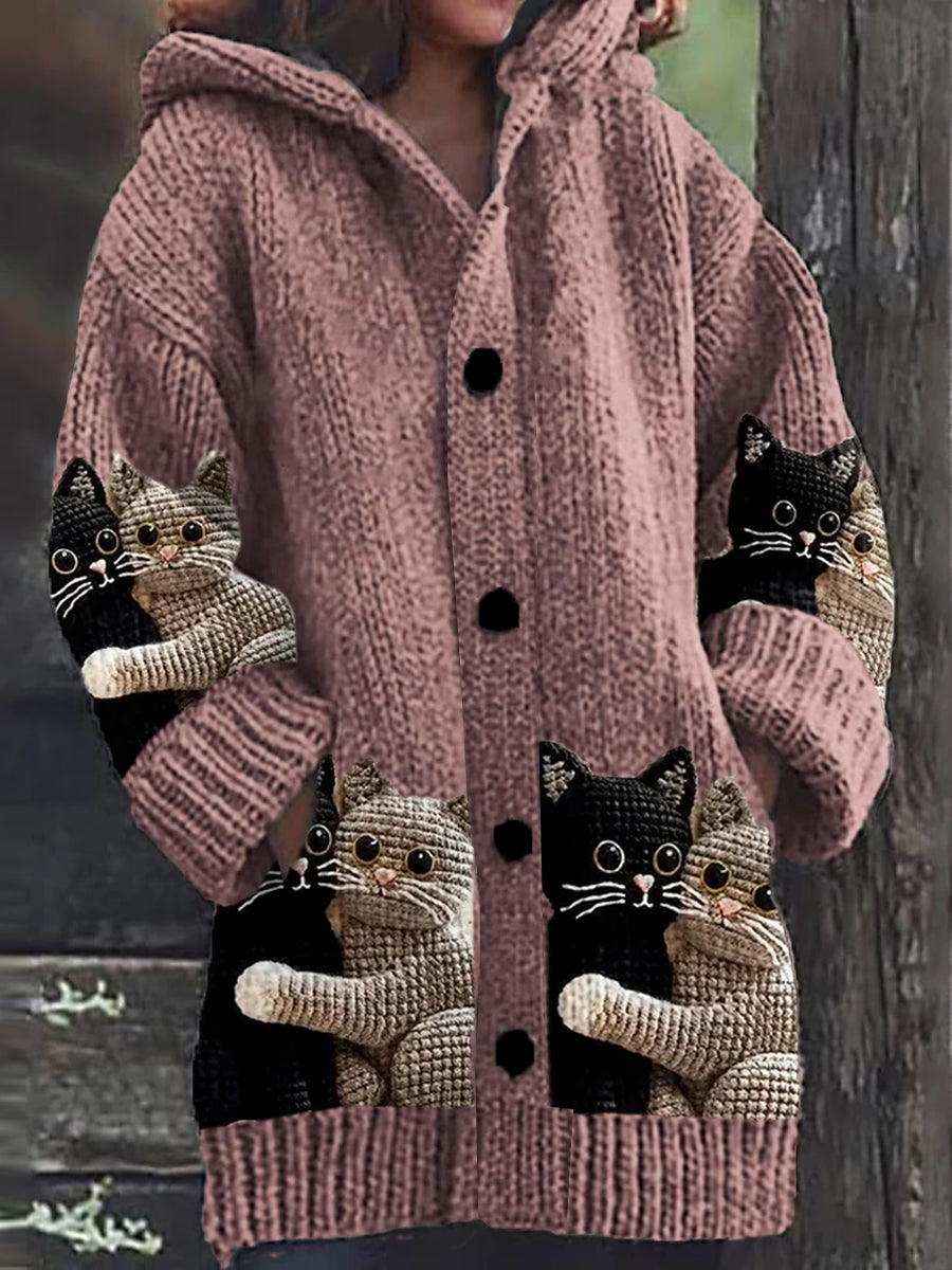 Women's hooded cardigan with cat print, buttons and long sleeves