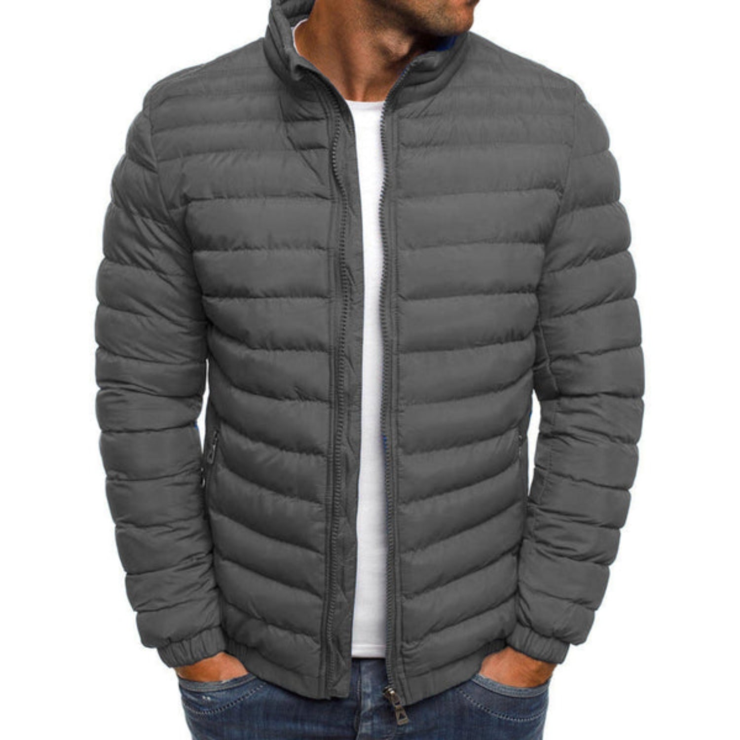 Men's Puffer Jacket Lightweight Stand Collar Zip - Grey