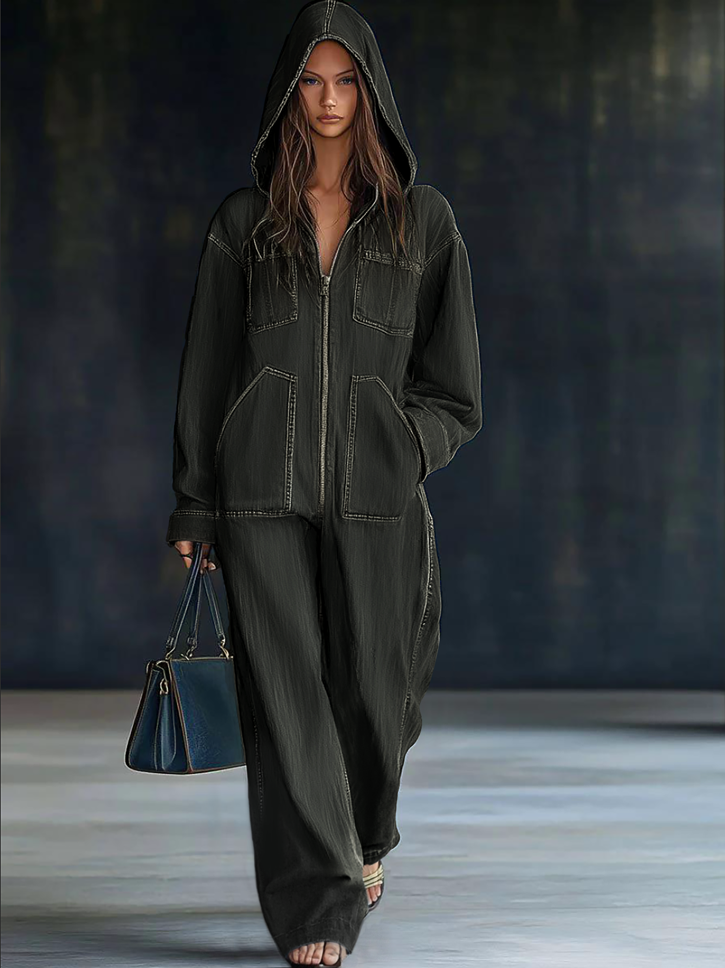 Women's Denim Hooded Zip Jumpsuit Blue Loose Fit Utility