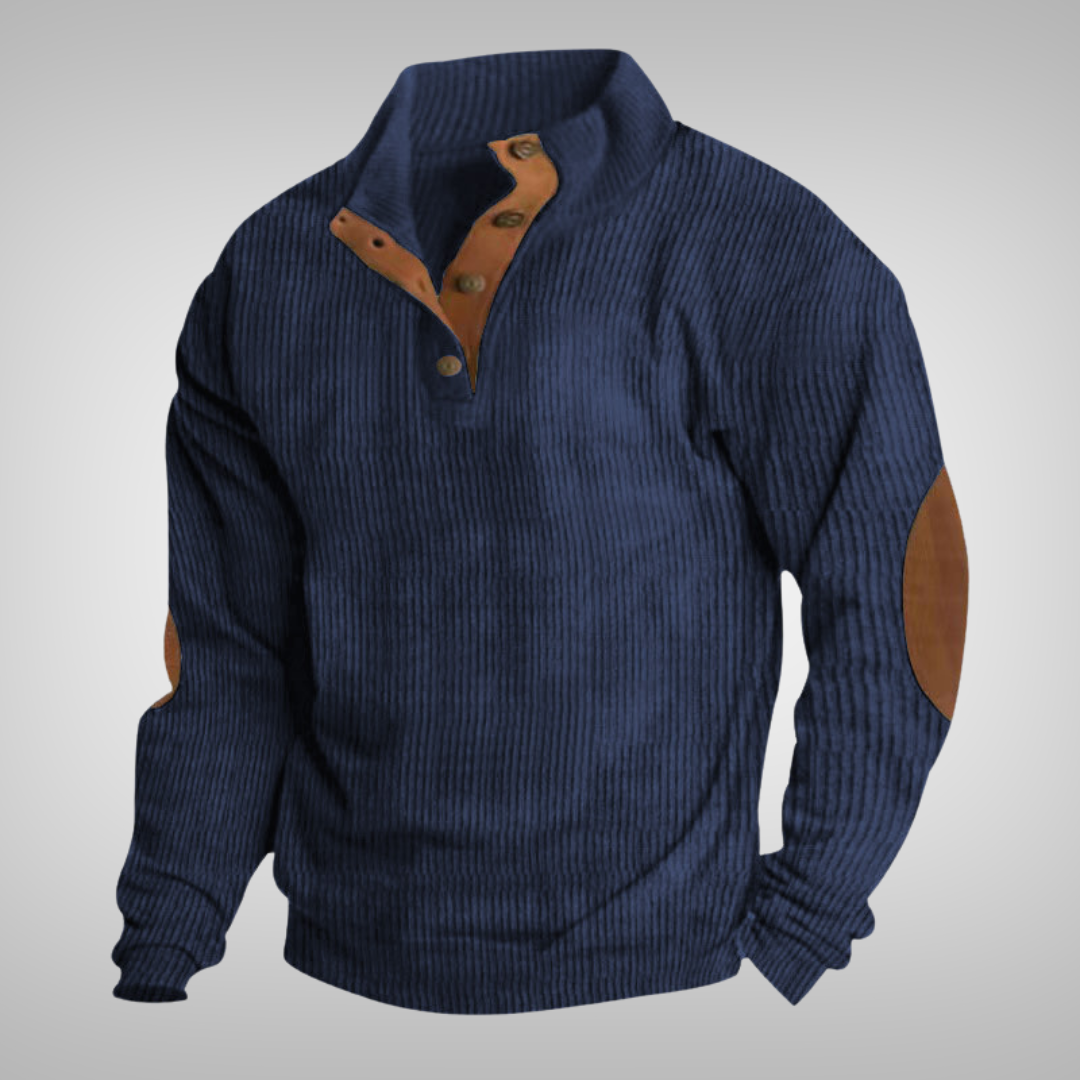 Men's ribbed jumper with stand collar, button neck and brown elbow patches