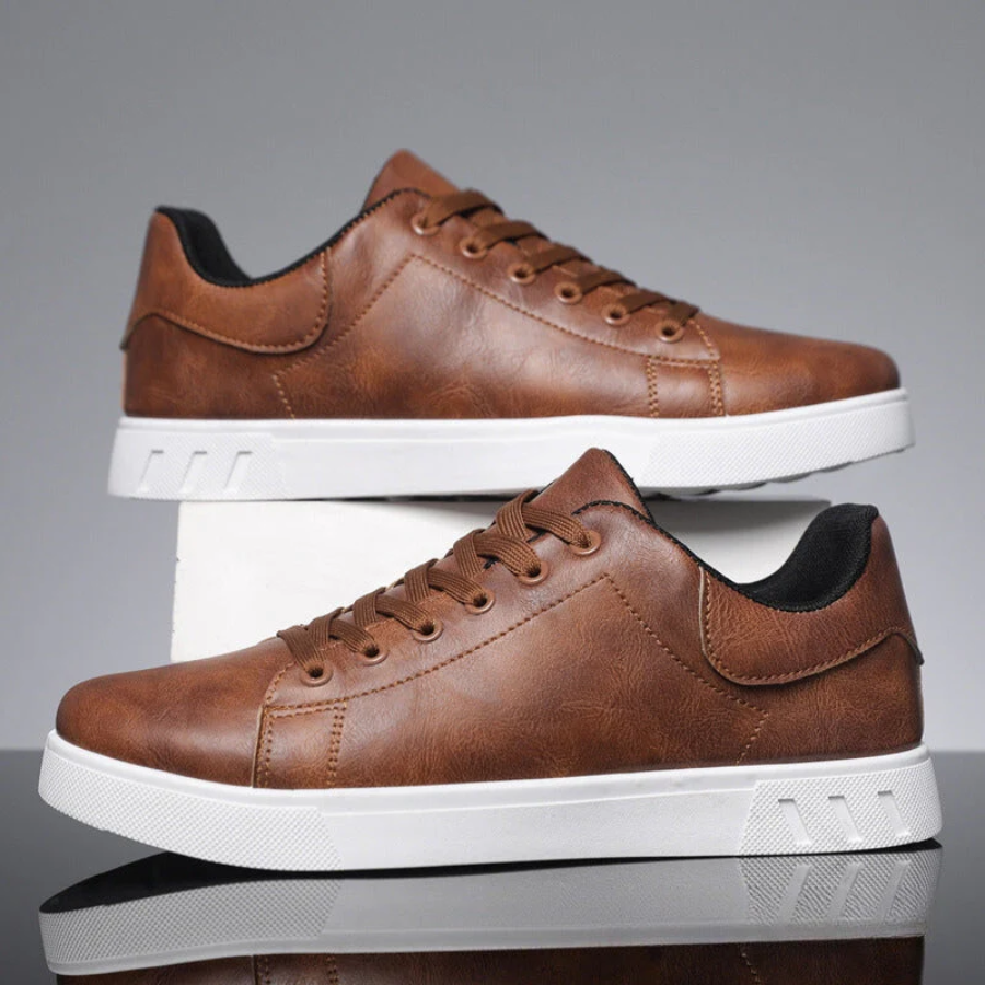 Men's Leather-Look Trainers Low-Top White Sole - Black