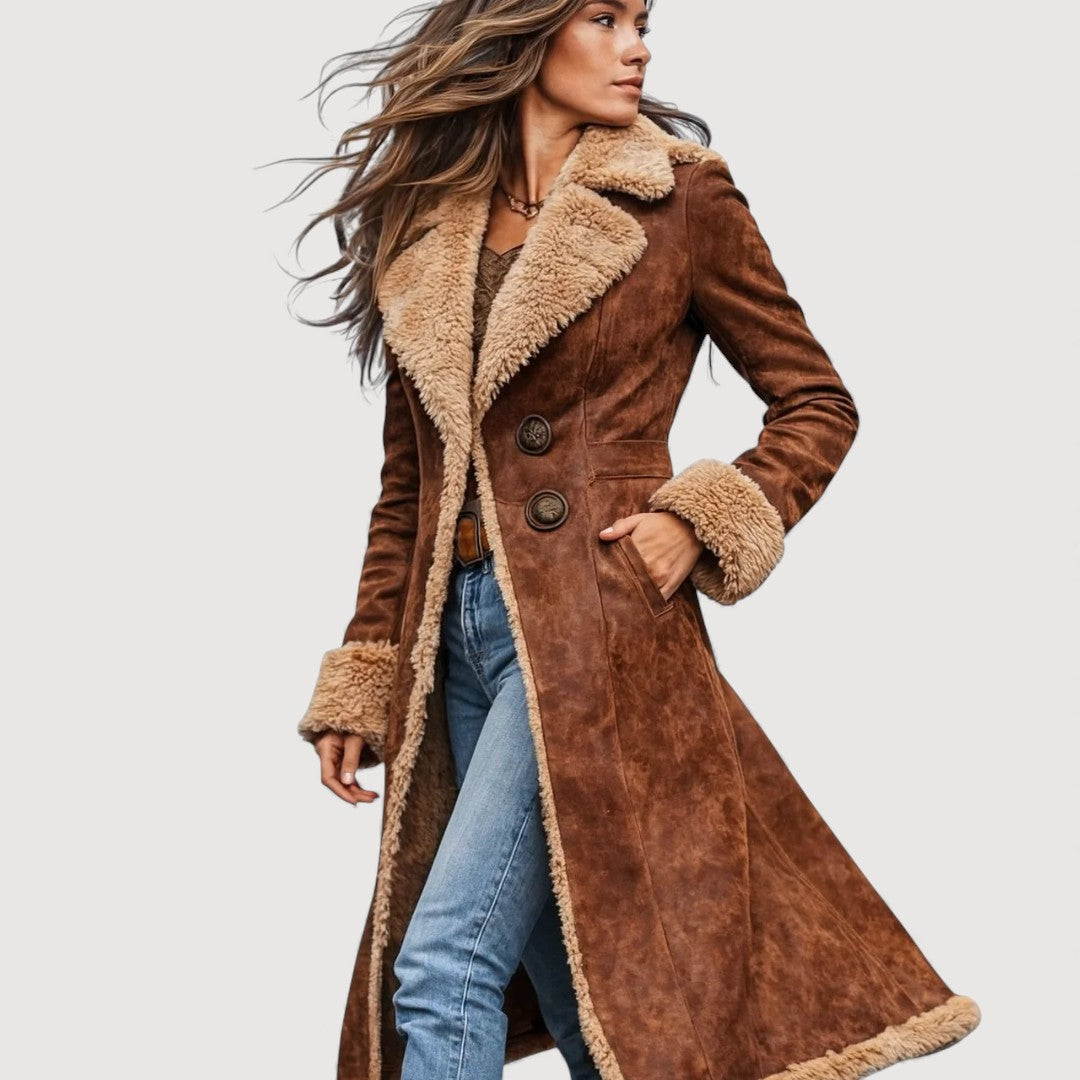 Women's brown longline coat with cream shearling-style collar and cuffs