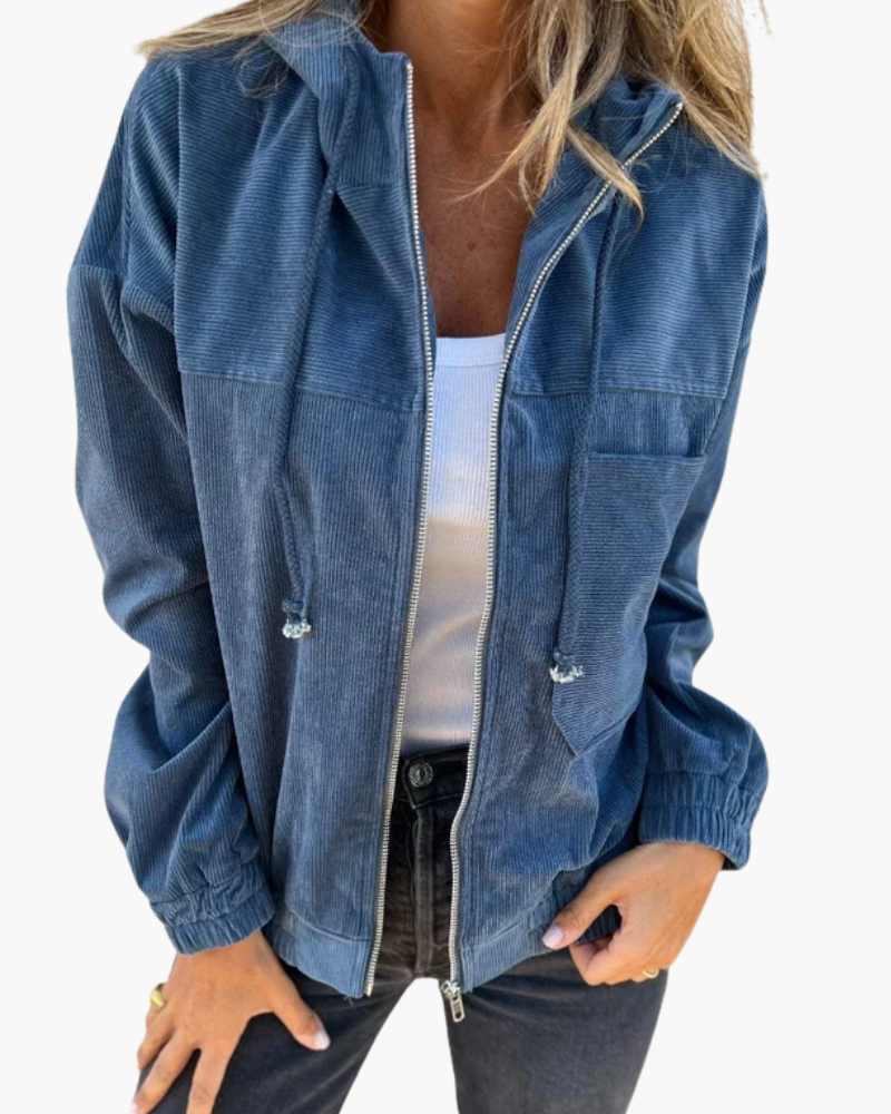 Women's hooded ribbed jacket with front zip, pockets and long sleeves