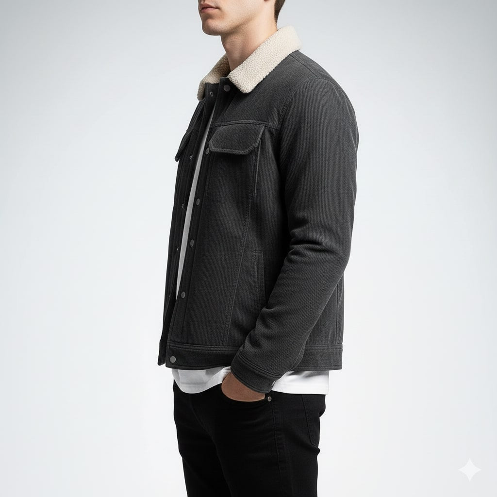 Men's corduroy jacket with sherpa collar, long sleeves and buttoned chest pockets