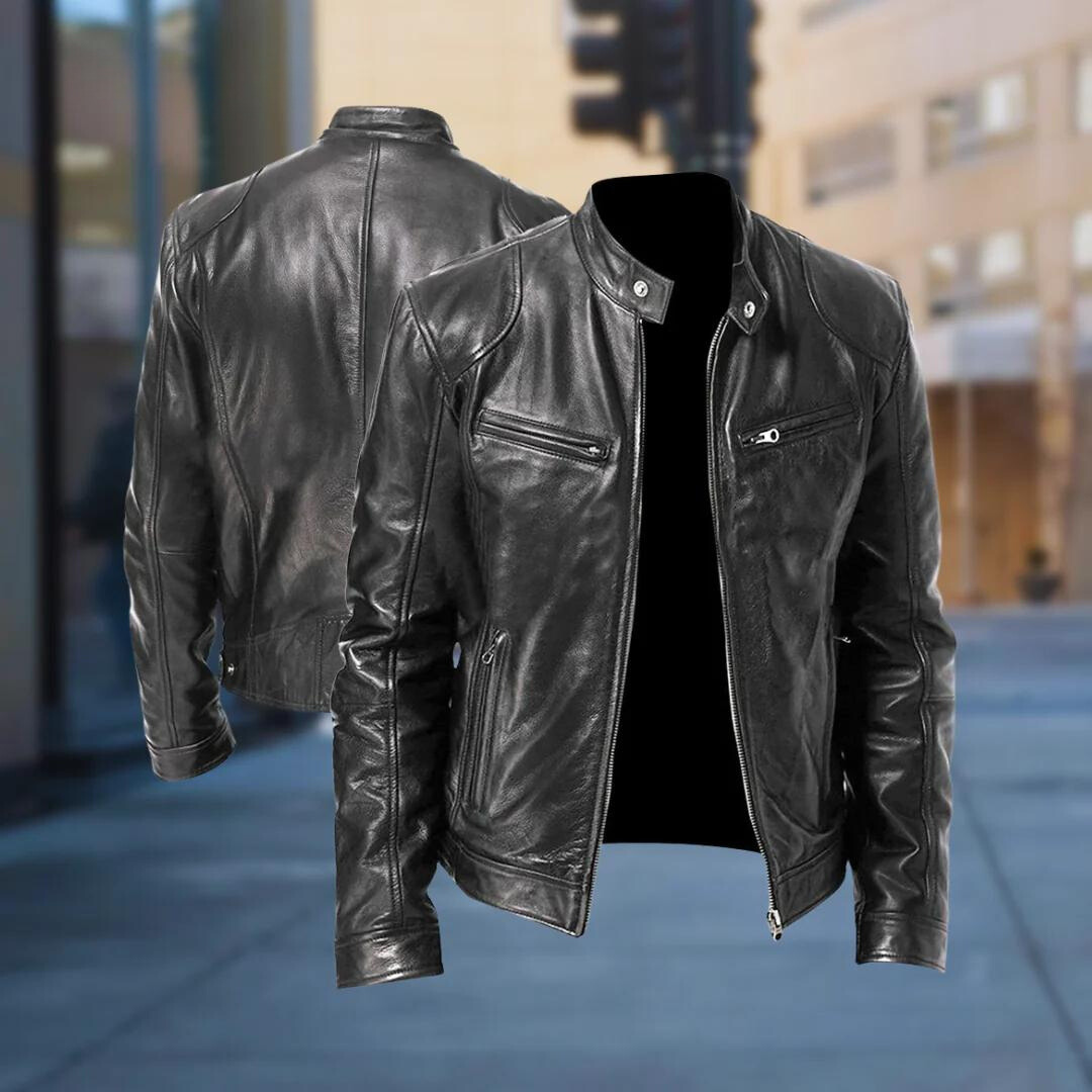 Men's fitted biker jacket with stand collar, long sleeves and zipped pockets