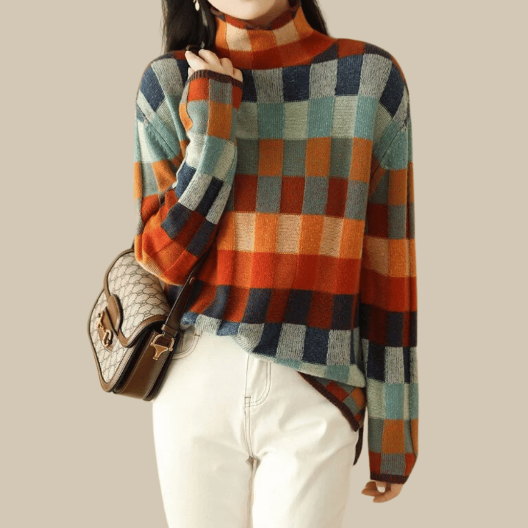 Women's colourful patchwork turtleneck jumper with long sleeves
