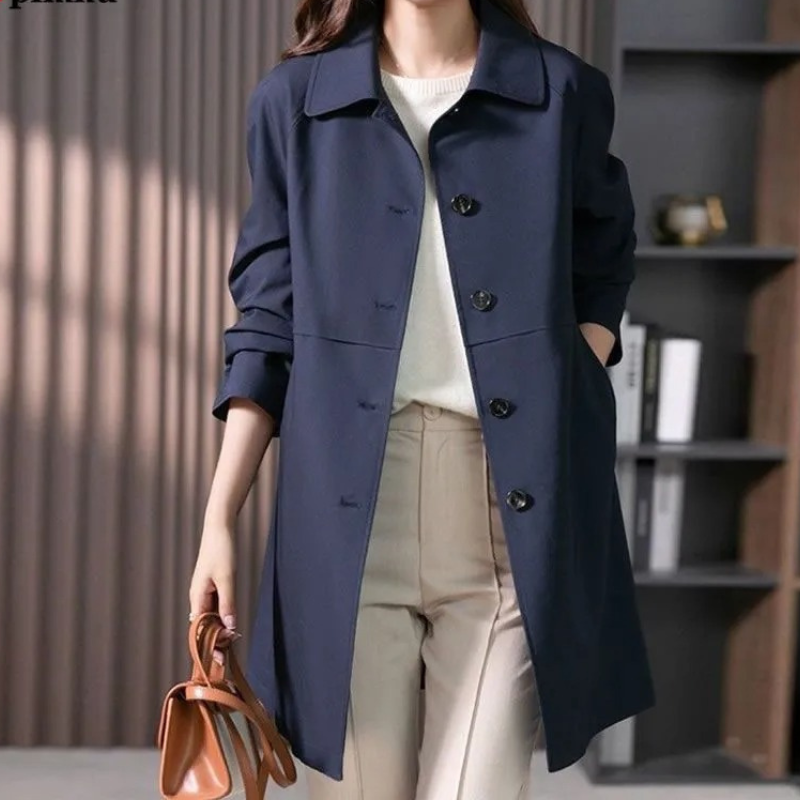 Women's longline button-front trench coat with notched collar