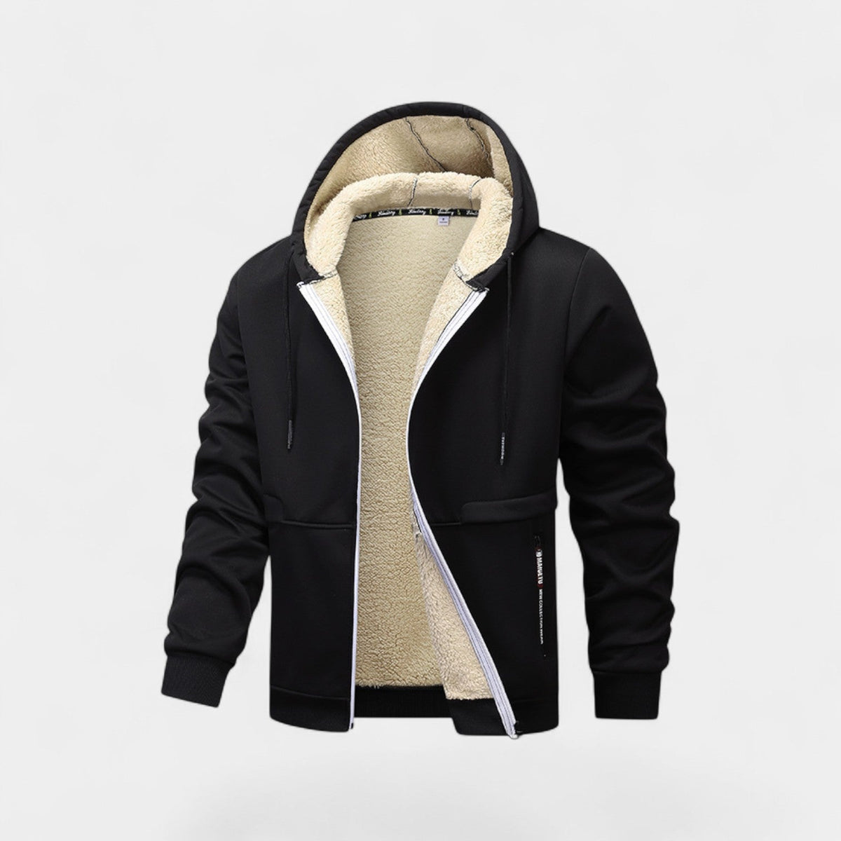 Men's hooded zip cardigan with cream sherpa-style lining and front pockets