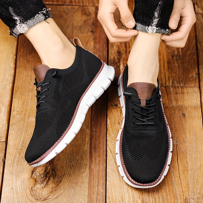 Men's Knit Trainers Lace-Up White Sole - Black
