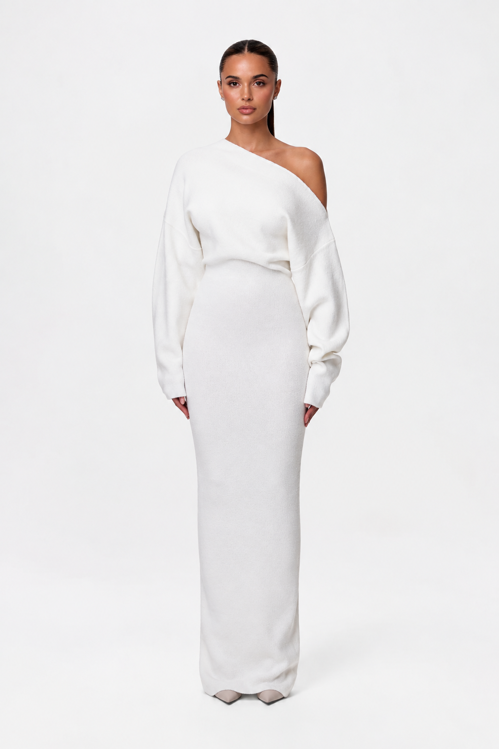 Women's asymmetric off-shoulder knit maxi dress with long sleeves