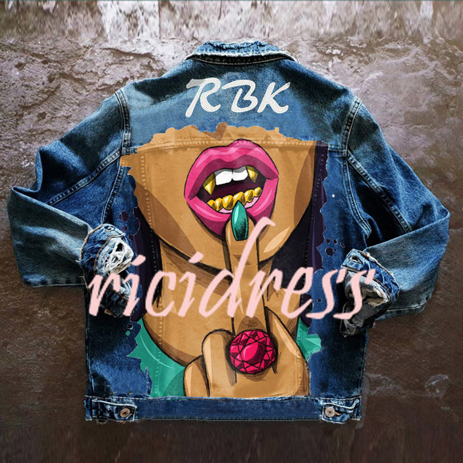 Unisex graphic denim jacket with illustrated back artwork and long sleeves