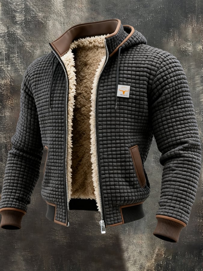 Men's quilted hooded jacket with sherpa lining and zip fastening