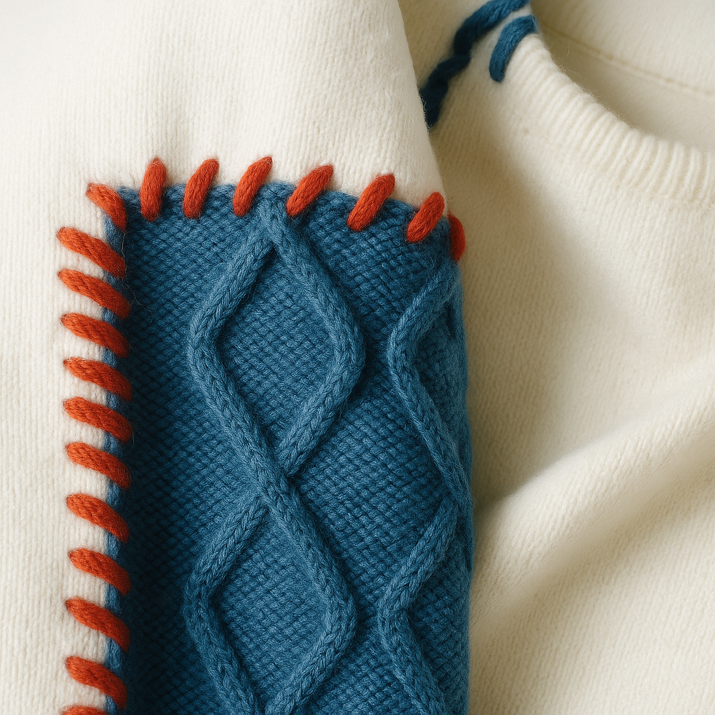 Unisex patchwork cable knit sweater with contrasting panels and ribbed trims