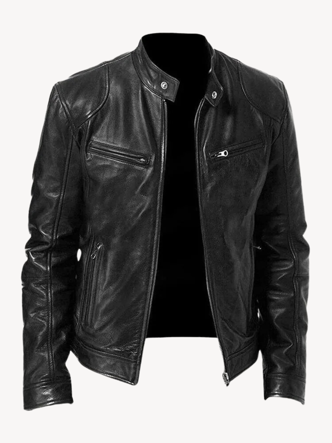 Men's leather biker jacket with stand collar, long sleeves and zipped pockets