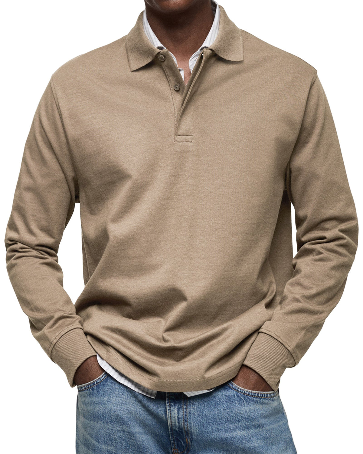 Men's long-sleeve polo jumper with collared neckline and button placket