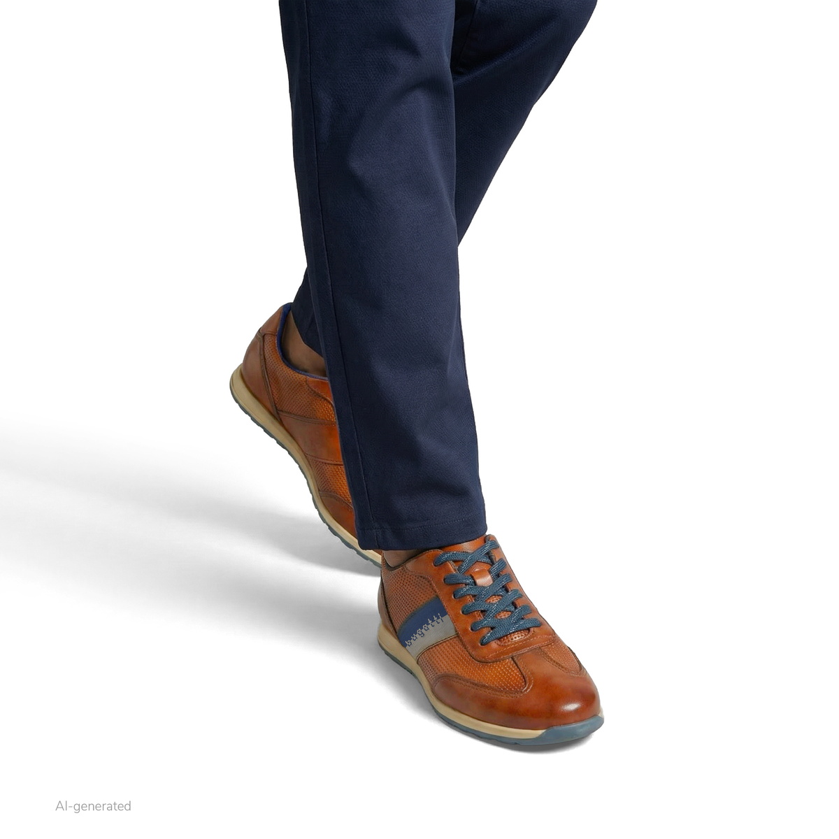 Men's brown lace-up trainers with navy side panel and cream sole
