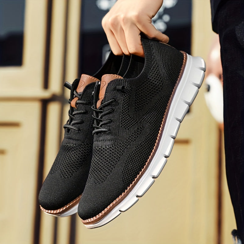 Men's Knit Trainers Lace-Up White Sole - Black