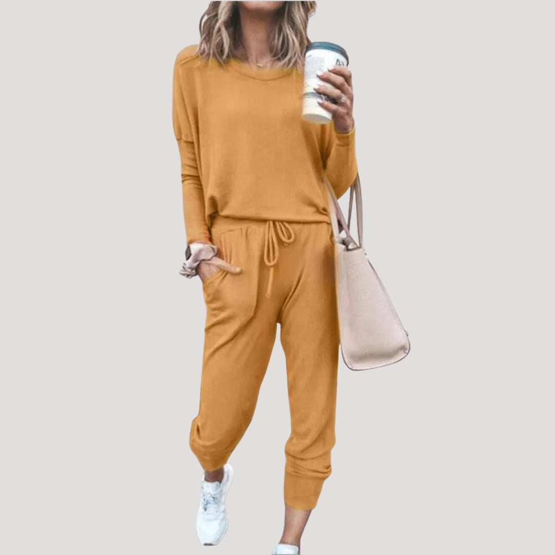 Women's two-piece lounge set with long-sleeve crew-neck top and drawstring jogger trousers