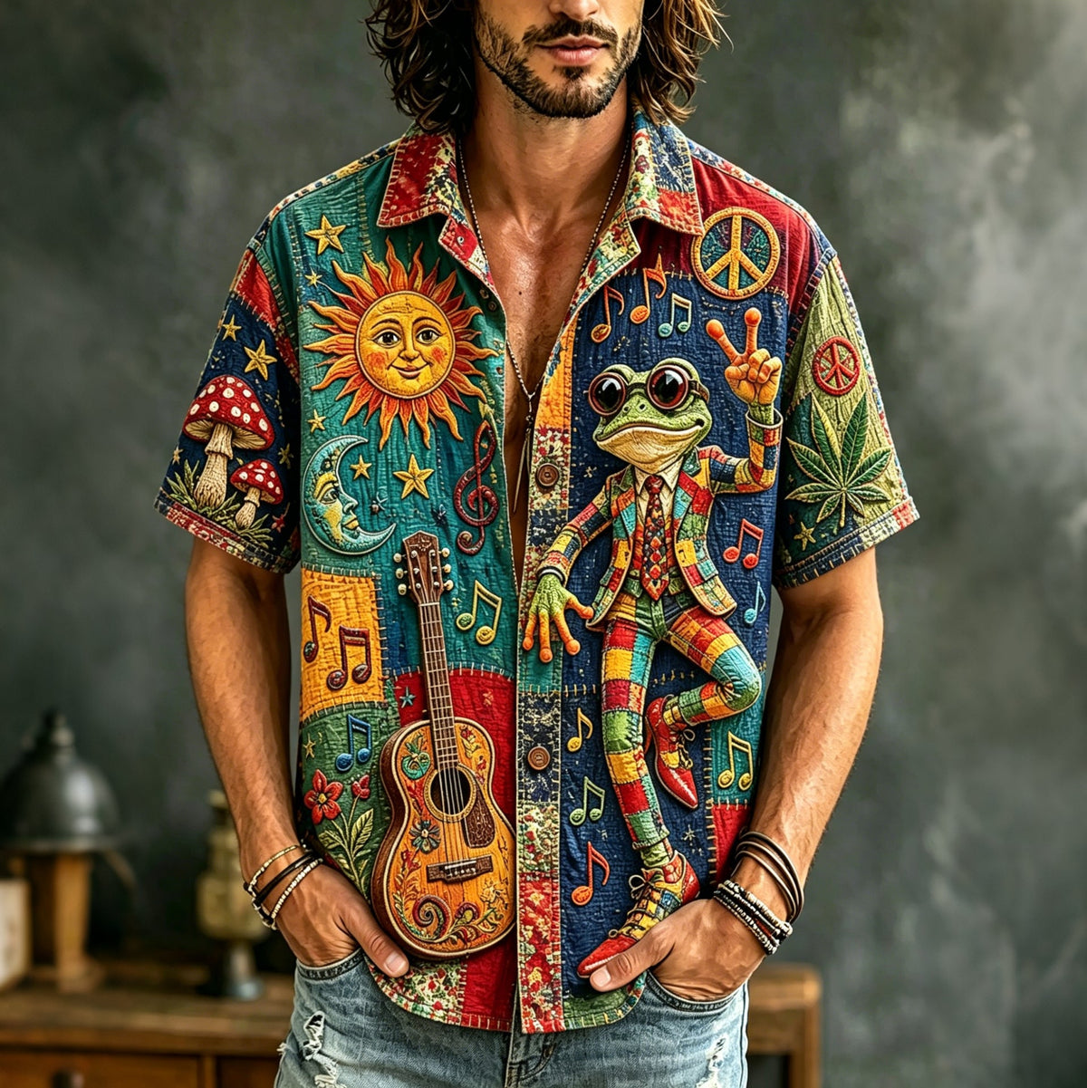 Men's short-sleeve patchwork shirt with frog, guitar, sun, moon and music illustrations