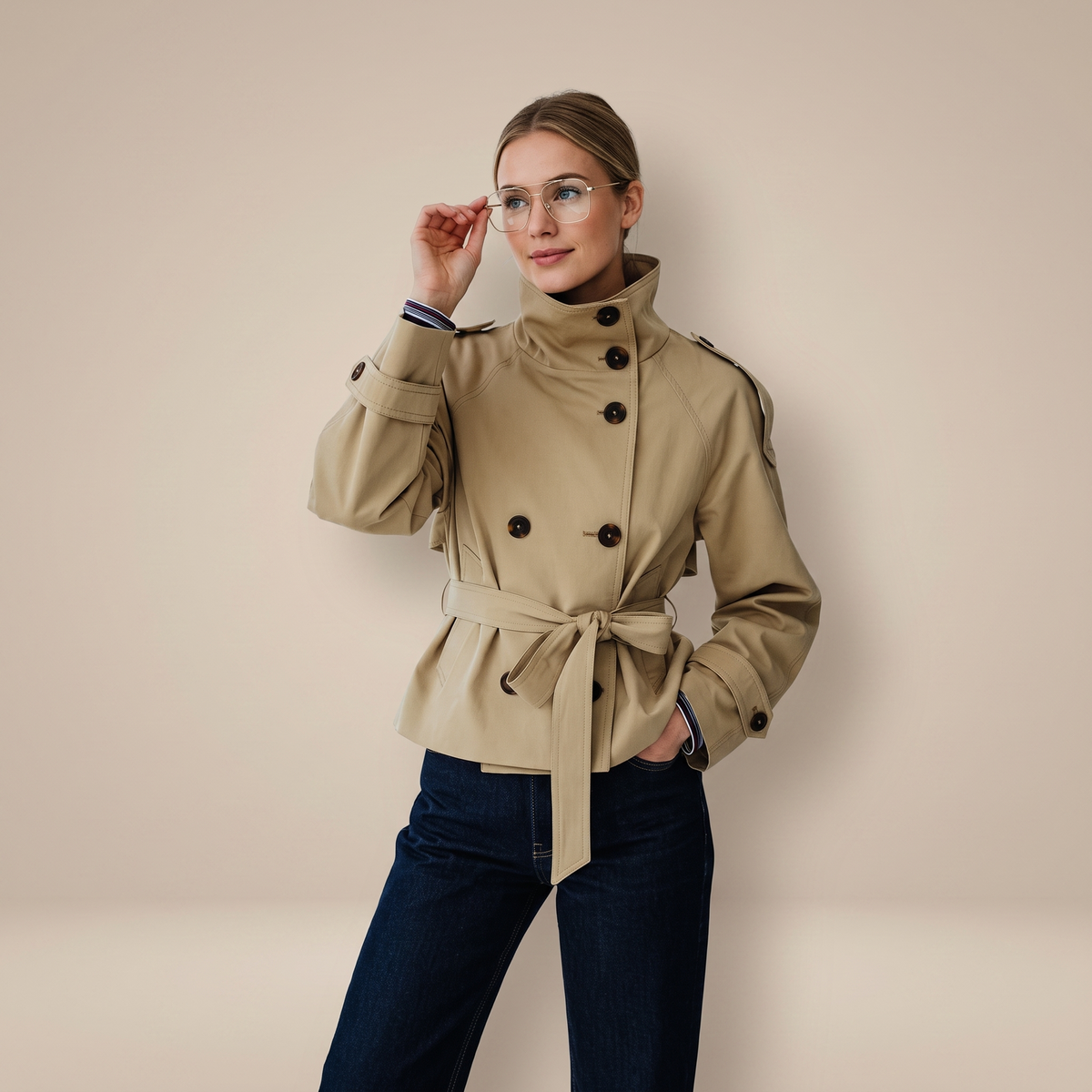 Women's belted trench coat with high collar and long sleeves