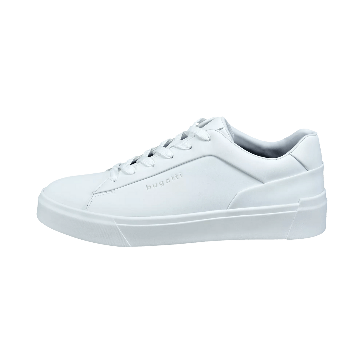 Men's white low-top lace-up trainers with a round toe and raised flat sole