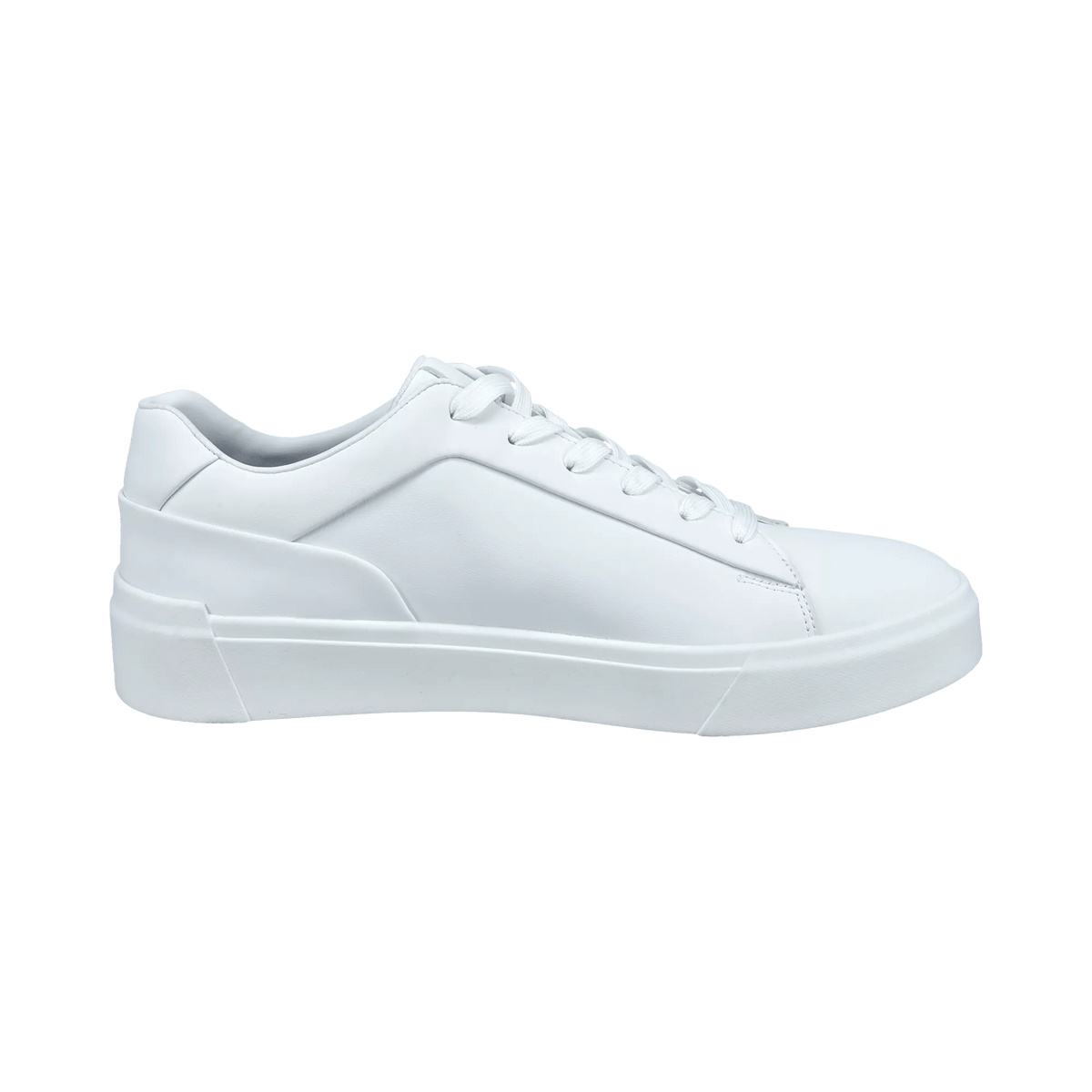 Men's white low-top lace-up trainers with a round toe and raised flat sole