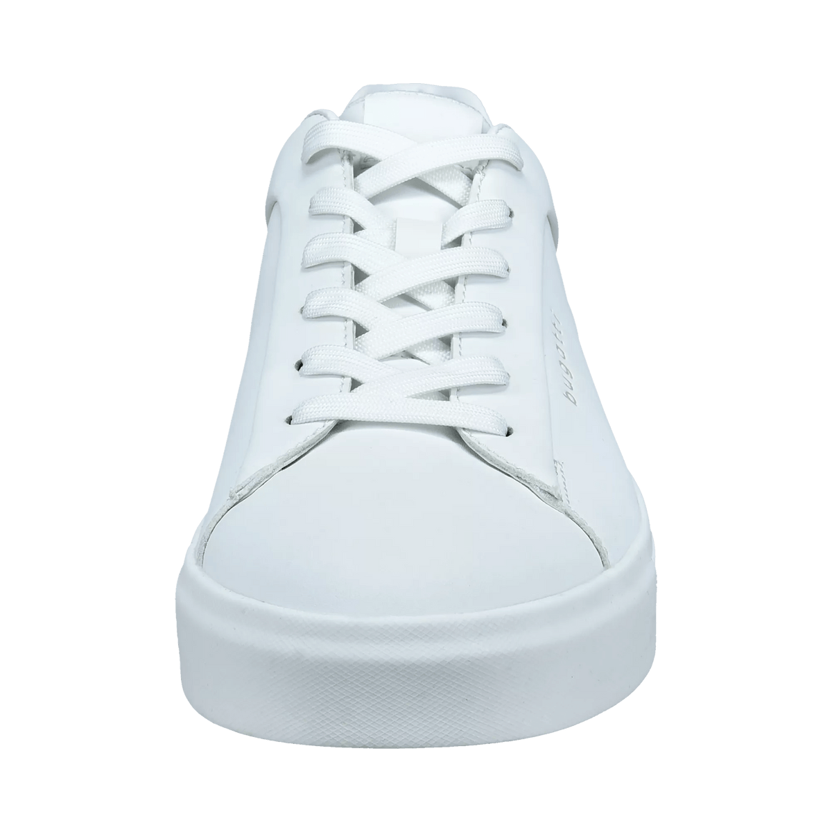Men's white low-top lace-up trainers with a round toe and raised flat sole