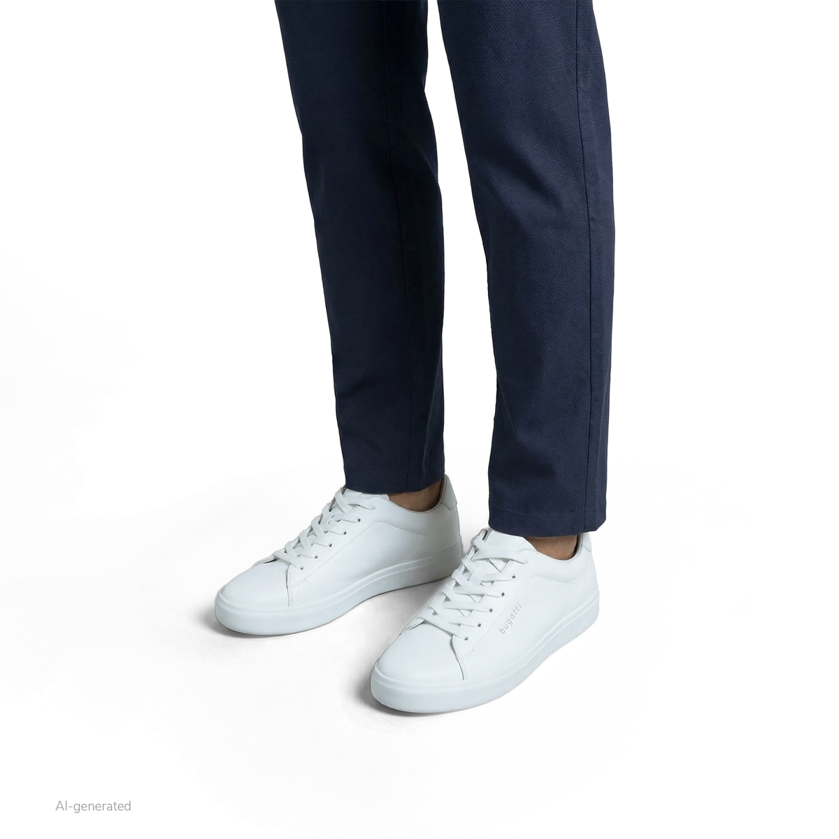 Men's white low-top lace-up trainers with a round toe and raised flat sole