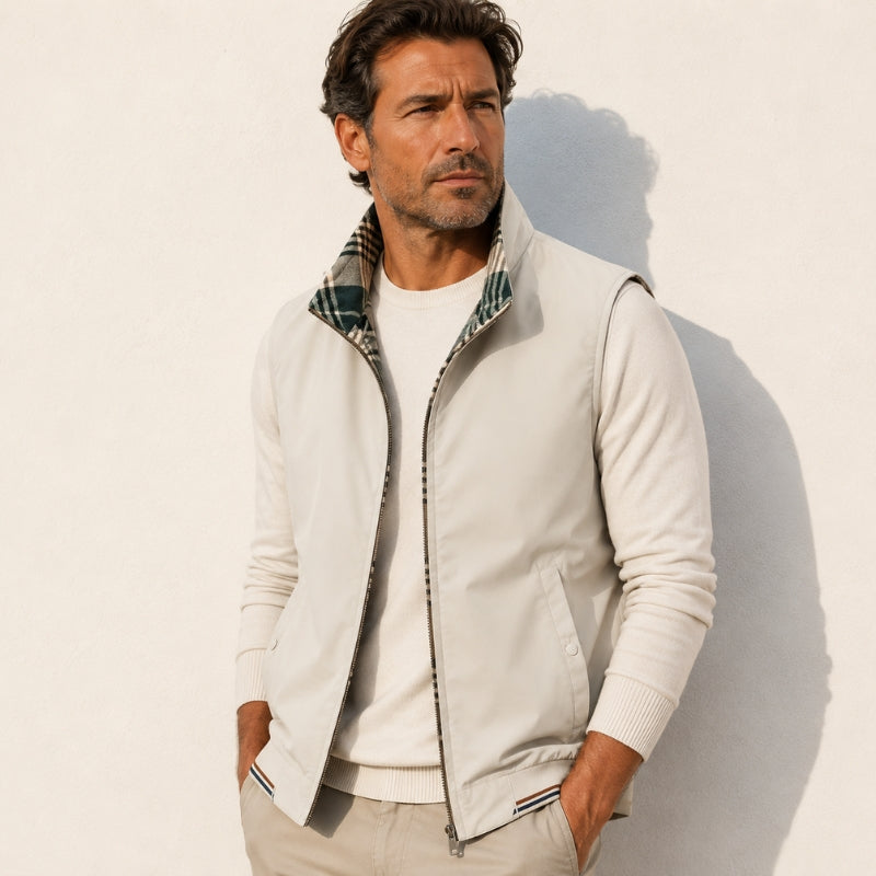 Men's sleeveless checked gilet vest with stand collar, zip front and angled pockets
