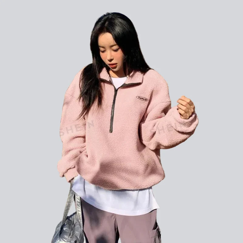Women's textured half-zip sweatshirt with mock neck and long sleeves