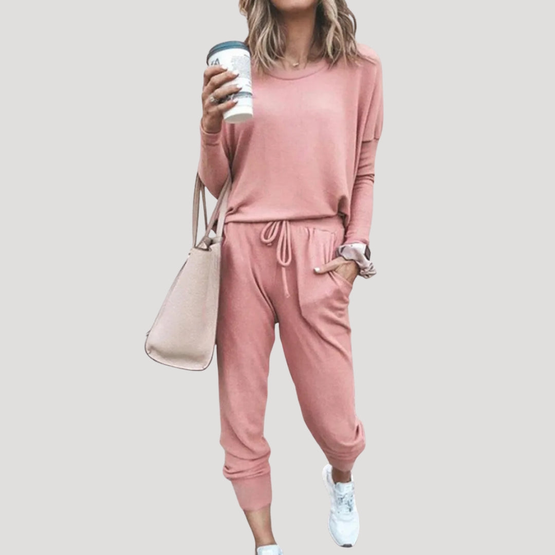 Women's two-piece lounge set with long-sleeve crew-neck top and drawstring jogger trousers
