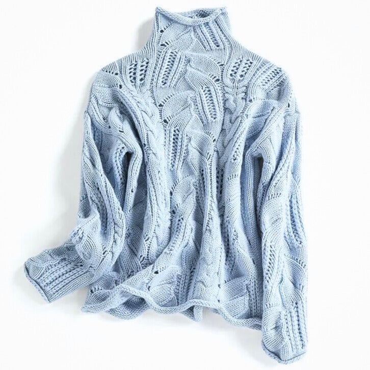 Women's textured cable knit sweater with mock neck and long sleeves