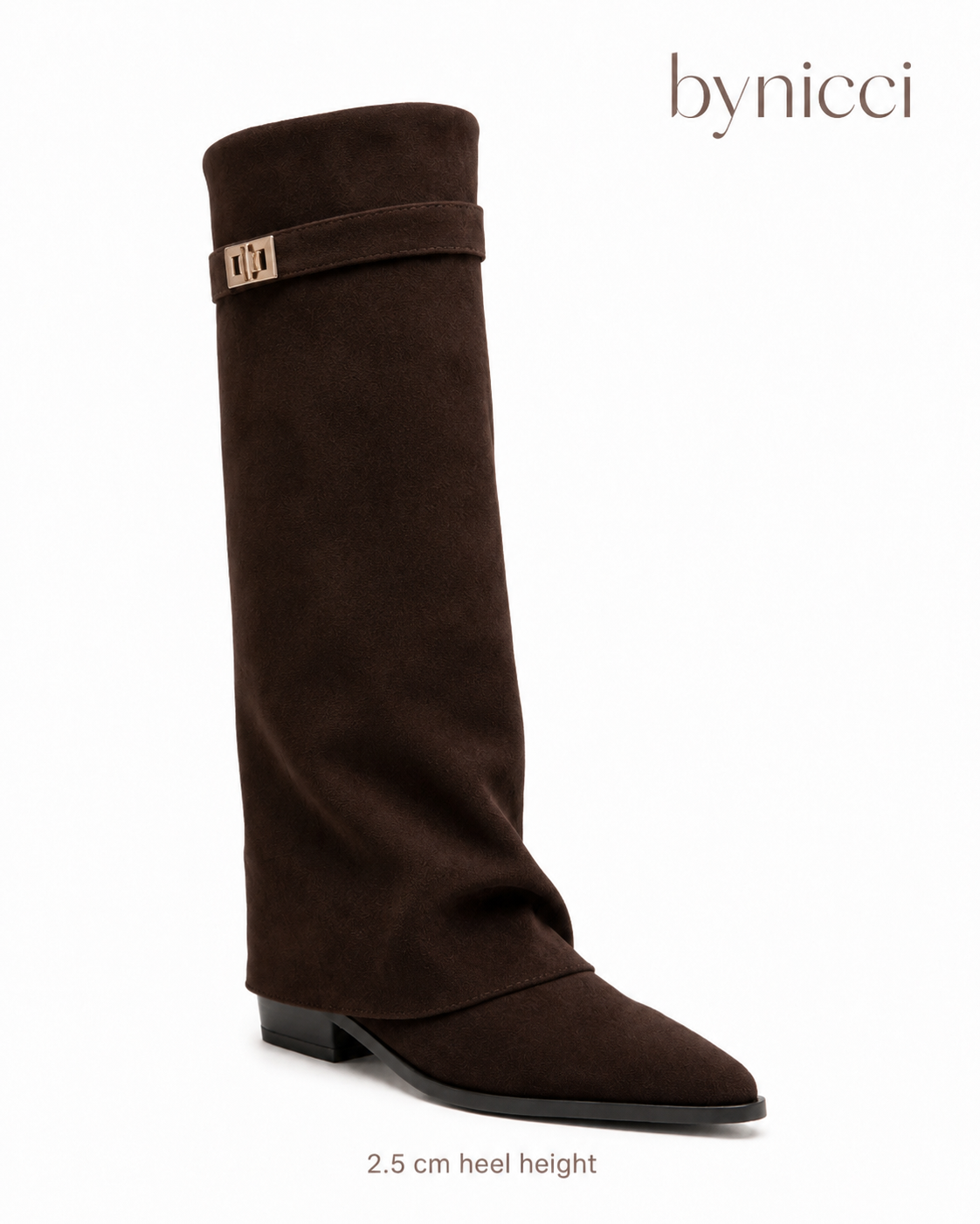 Women's brown knee-high boots with pointed toes, low block heels and buckle strap detail