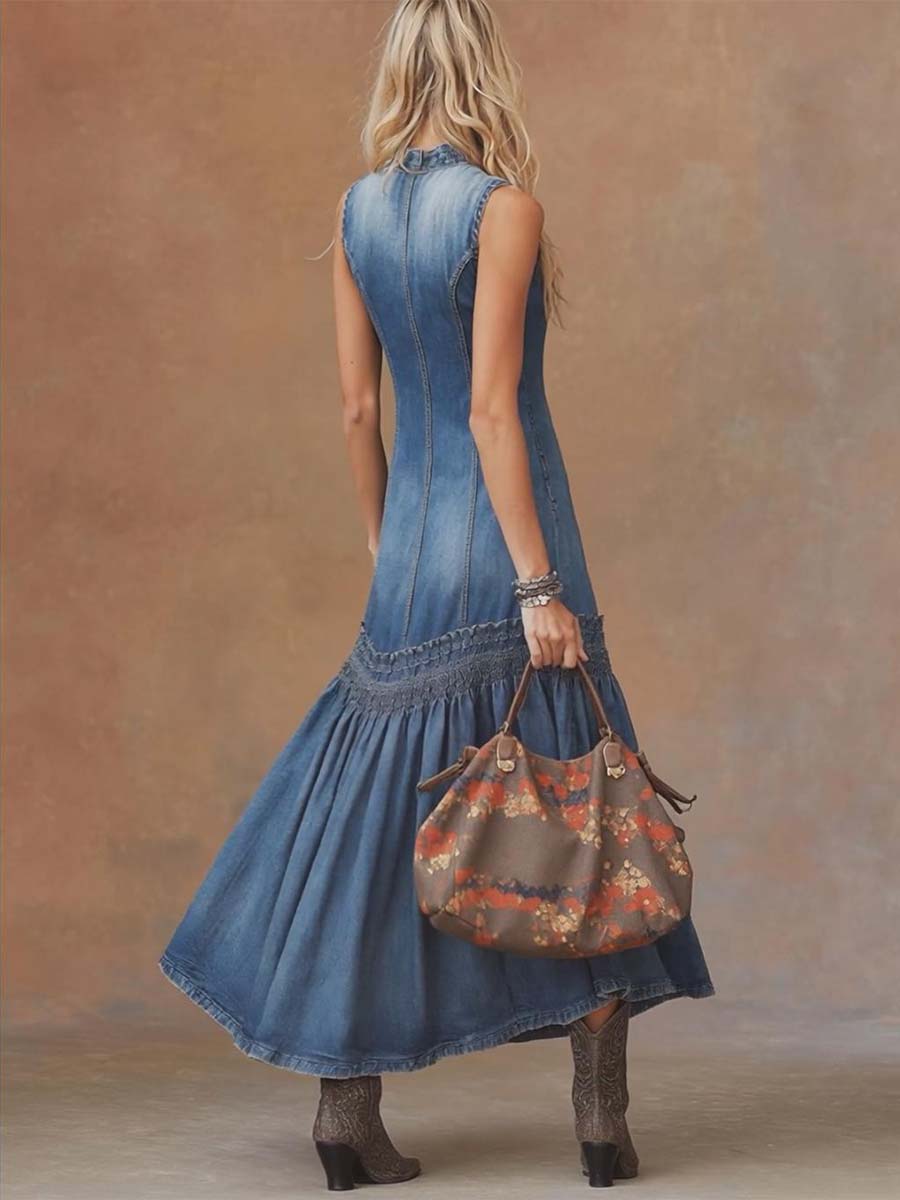 Women's Tie Neck Maxi Dress Sleeveless Bubble Hem Tailored Fit | Blue