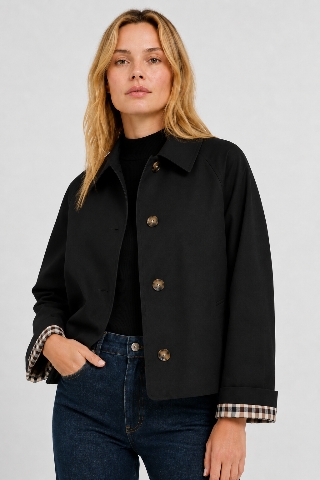 Women's lightweight collared jacket with button front and checked turned-back cuffs