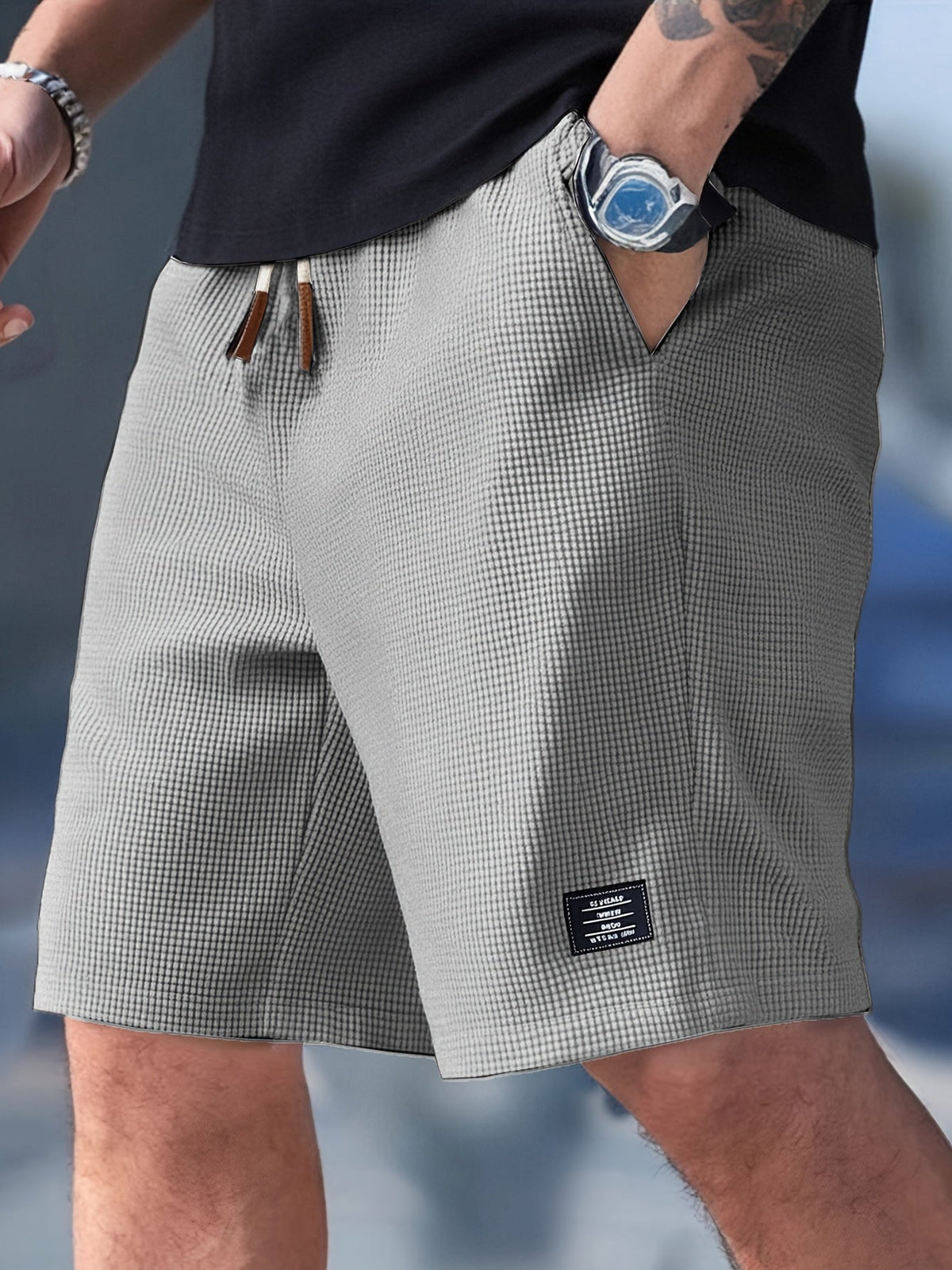 Men's Shorts Waffle Texture Drawstring Relaxed Fit - Navy