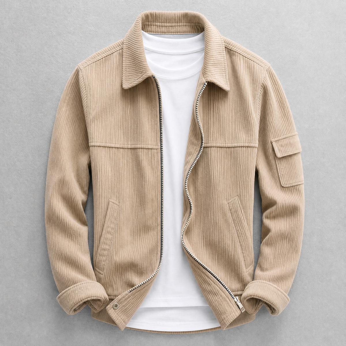 Men's ribbed corduroy jacket with collar, zip front and sleeve pocket